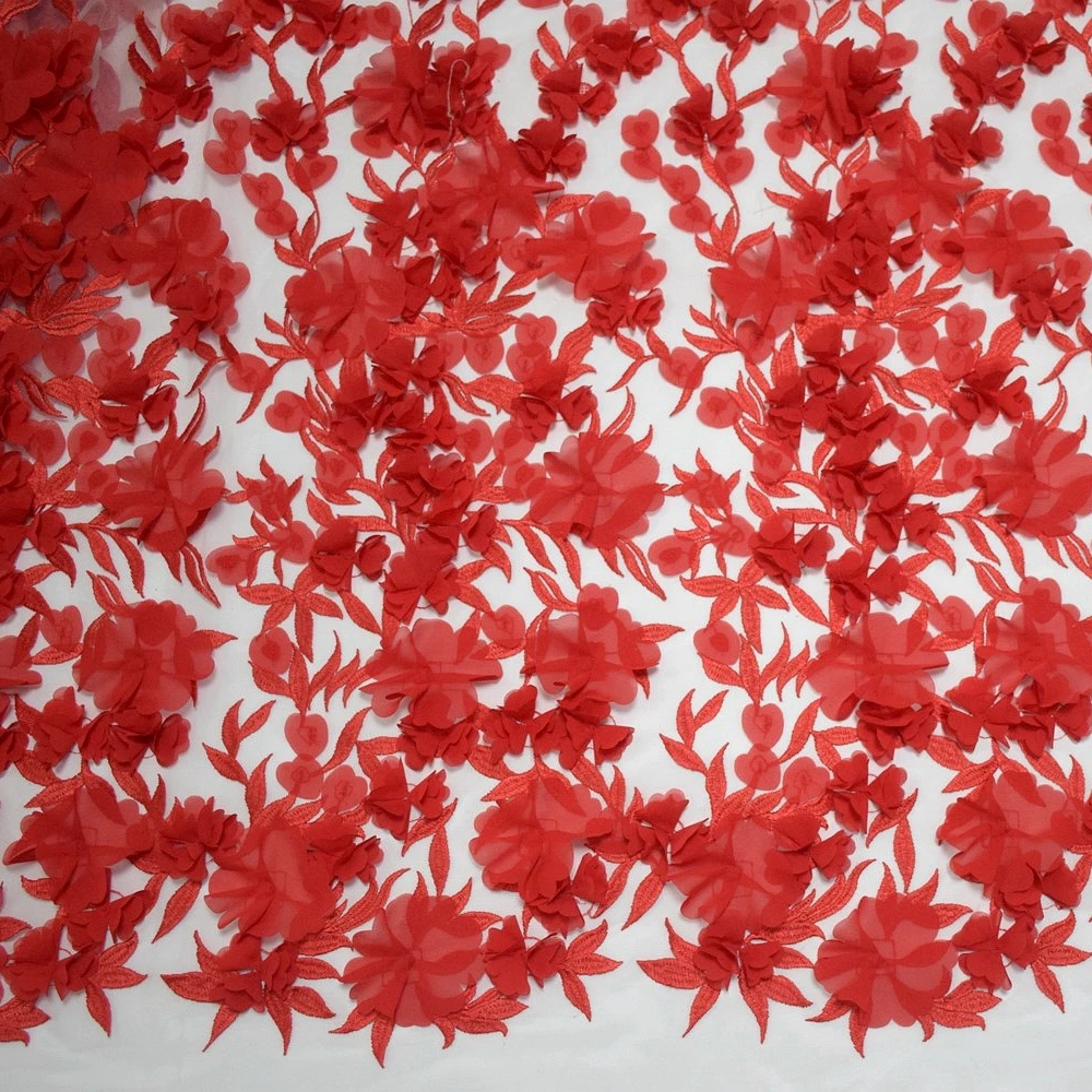 Hot sales bridal netting fabric red wedding lace 3D flower embroidery designs for lace wedding dress HY0738-2