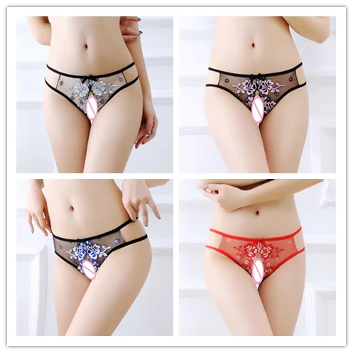 Women Open Crotch Lace Underwear Embroidery Floral Design Transparent Thongs Panties