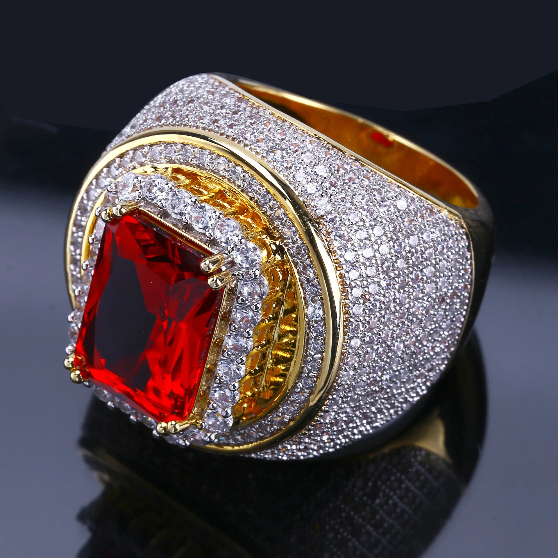 Luxury High-end High Quality 18k Solid Gold Plated Micro Pave AAA CZ Stone  Bling Bling Saudi Arabia Ruby Ring Hiphop Jewelry