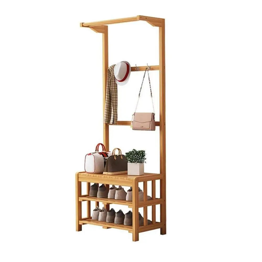 Bamboo Garment Rack Coat Clothes Hanging Rail with 3 Tiers Hat Rack Laundry Storage Shelves