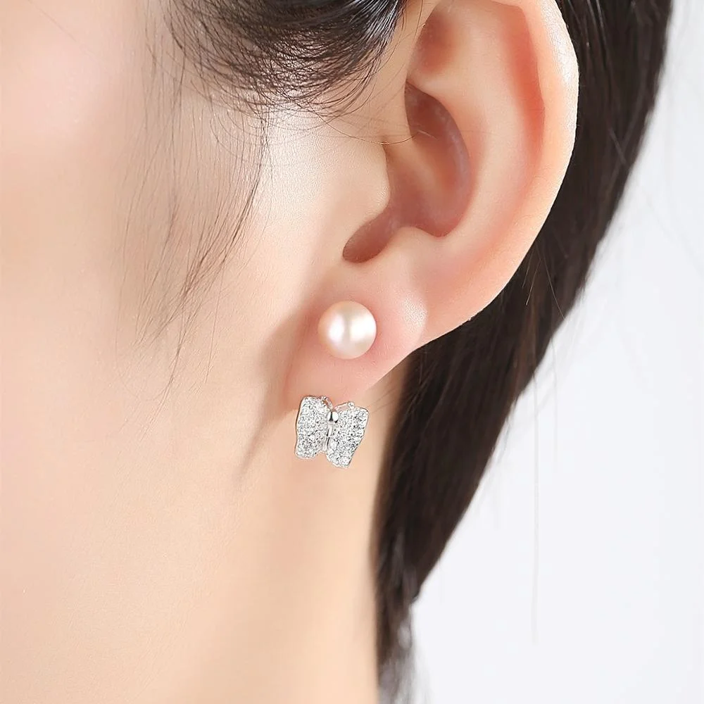 CZCITY Woman Micro Paved Diamond 18K White Gold Plated Earing 925 Pearl Bow Dainty Zircon Butterfly Earring