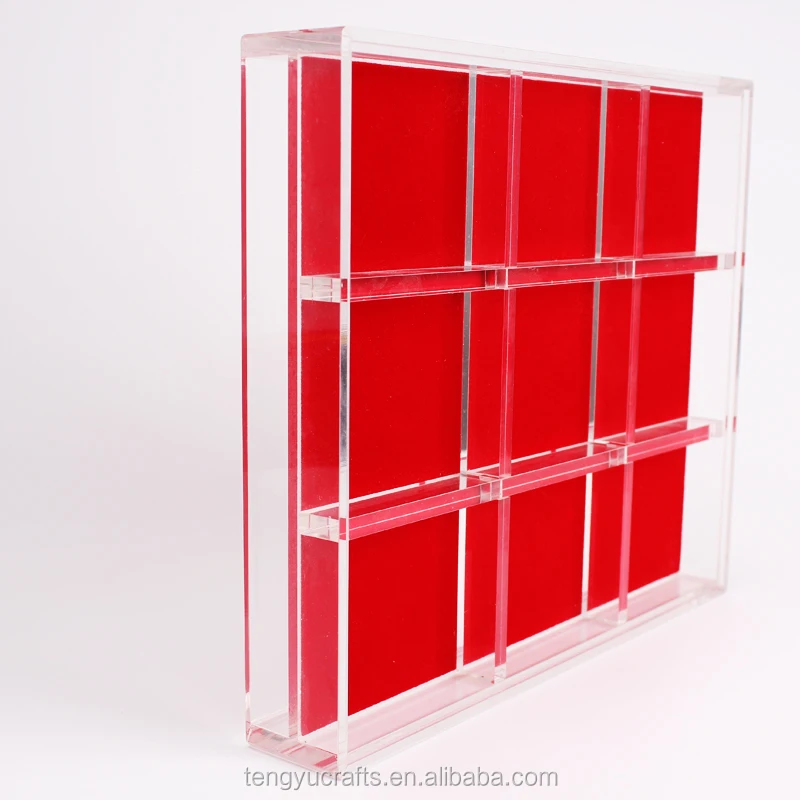 cube square plexiglass lucite large counter display case / acrylic gem jewelry display box with dividers red pad