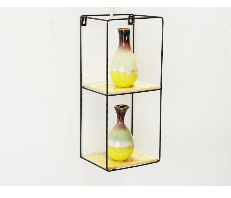 Factory direct black metal wire square wall mounted storage shelf rack with wood