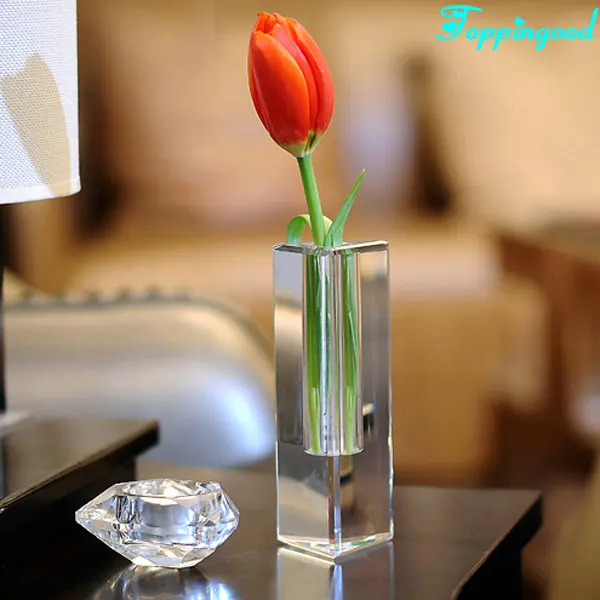 Cube Pillar Shape Crystal Flower Vase For Business Table Decoration