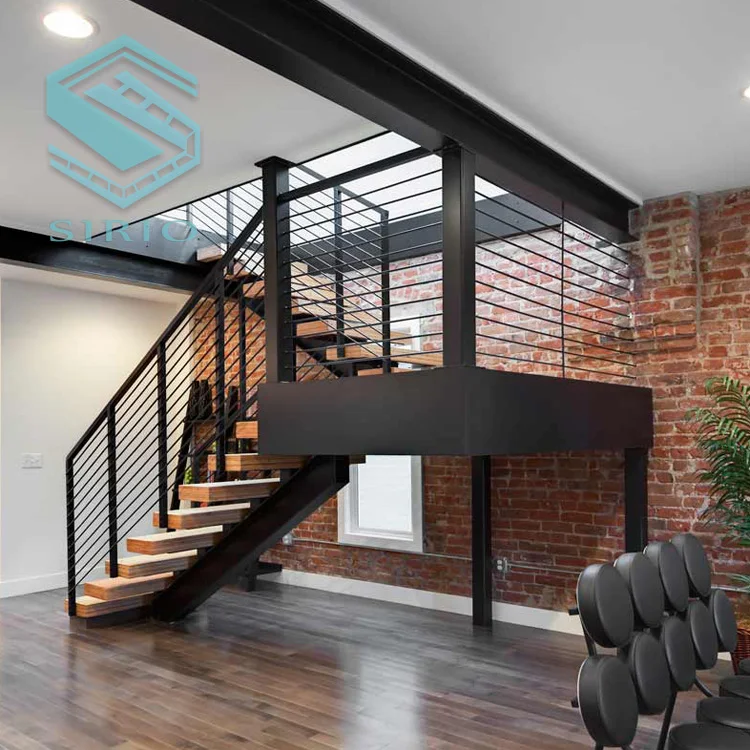 
Laminated Safety Glass stairs with Metal Single Beam Staircase and wood treads 