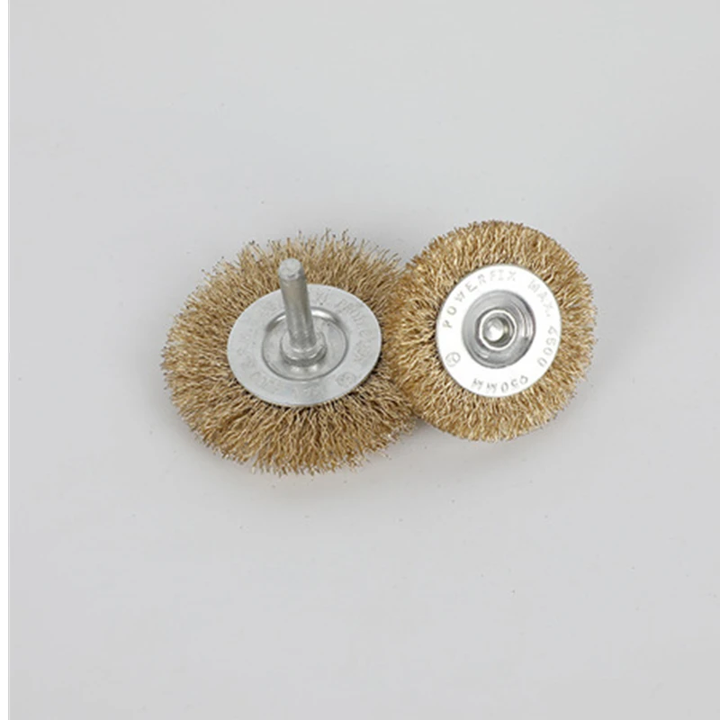 Shanghai Wholesale Flat Copper Coated Round Crimped Steel Wire Brush Wheel with 6mm Shaft for