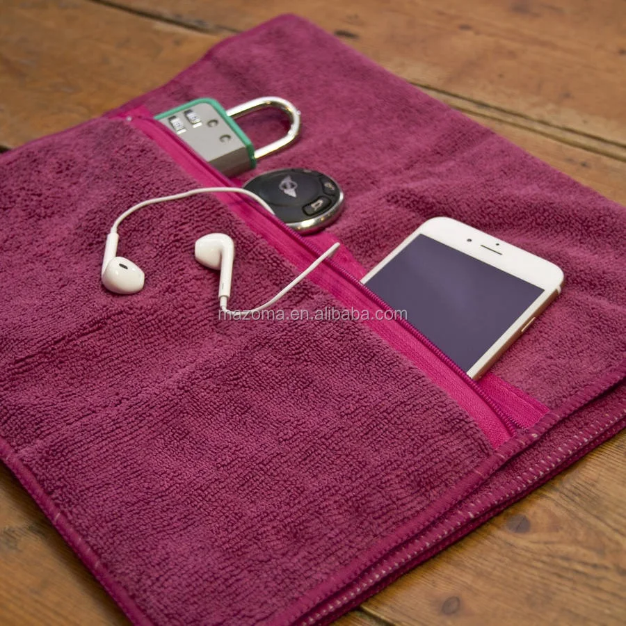 Microfiber beach workout sports gym towel with zipper pocket