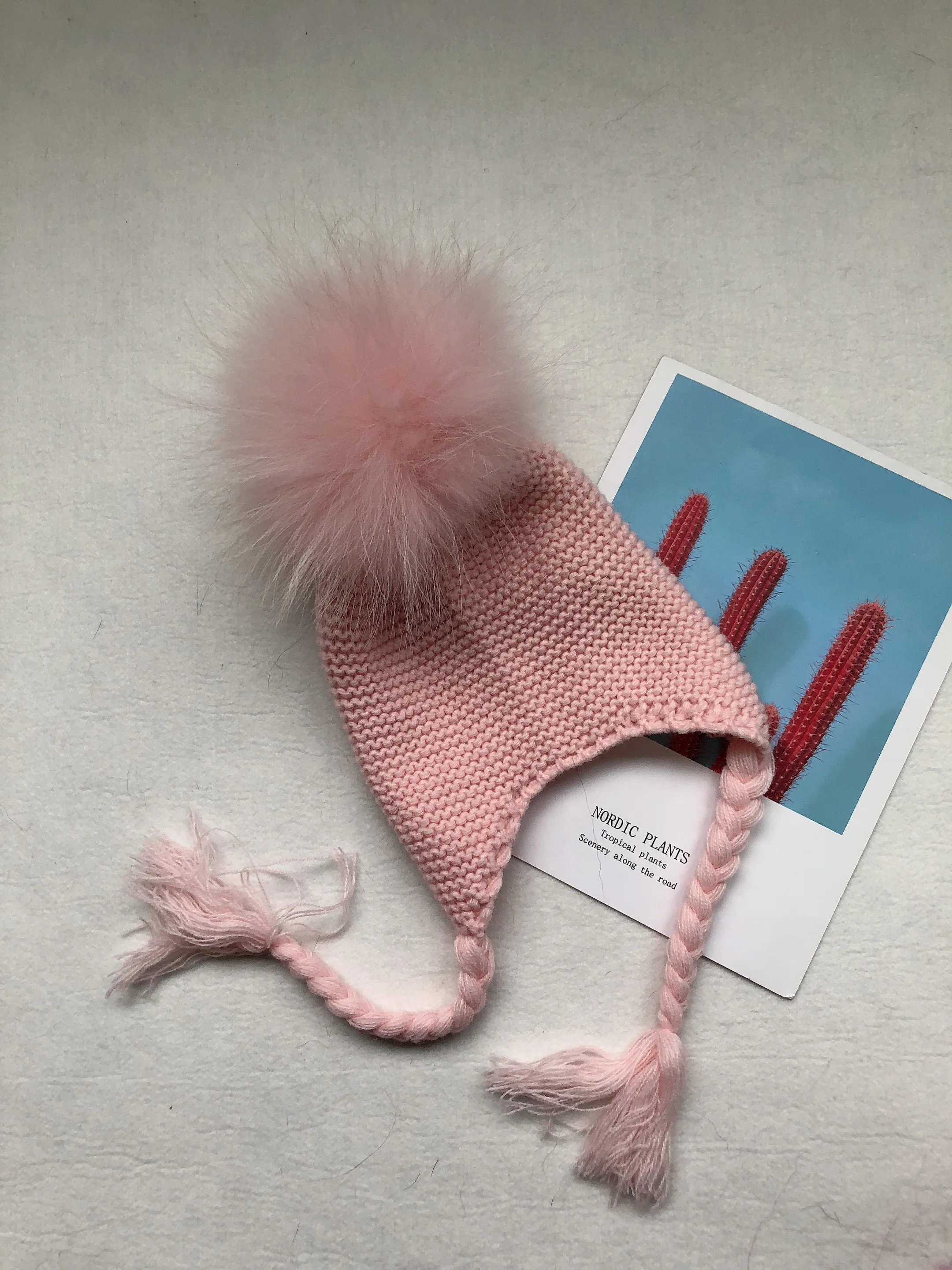 Kids Size Real Raccoon Fur hat Attached Wool Blend Crochet knitted string pom pom beanie for girls