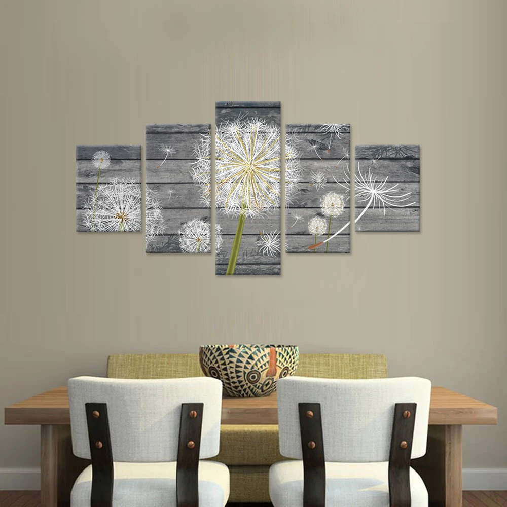5 Панель Большой Холст стены книги по искусству Одуванчик белый цветок на Винтаж Серый дерево доска задний план деревенский стиль