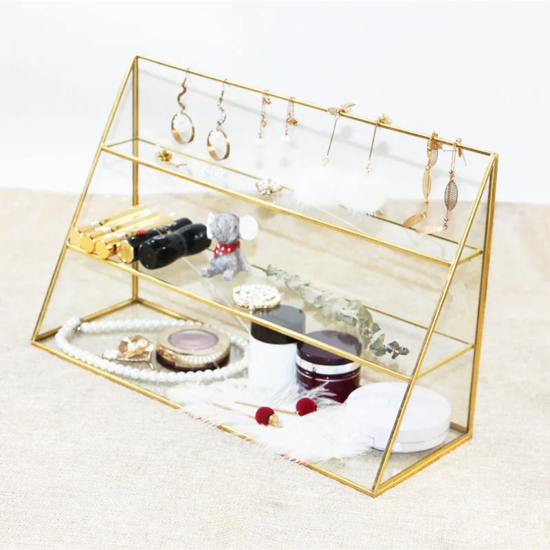 European Gold Glass Trapezoid Metal Jewelry Rack Home Decoration