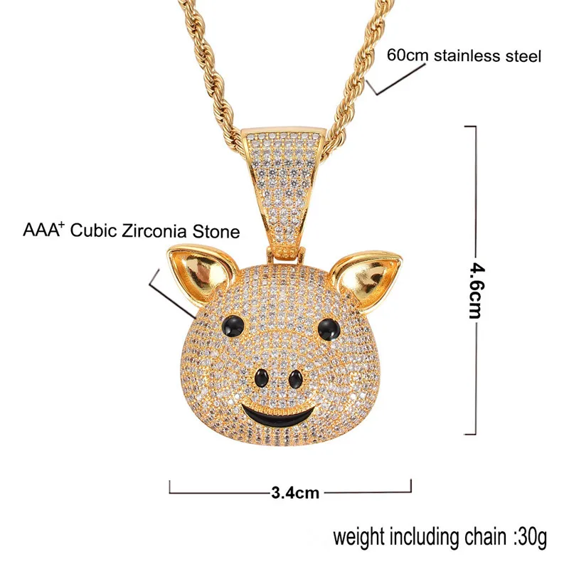 New Arrived Micro Paved Zircon Gold Plated Animal Pig Pendant Necklace Men HipHop Jewelry