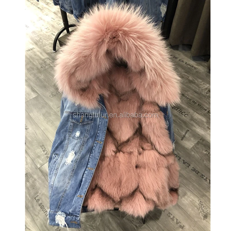 
SF0423 Jeans Denim Jacket With Real Raccoon Fur Collar Fox Lining Woman Winter Coat 