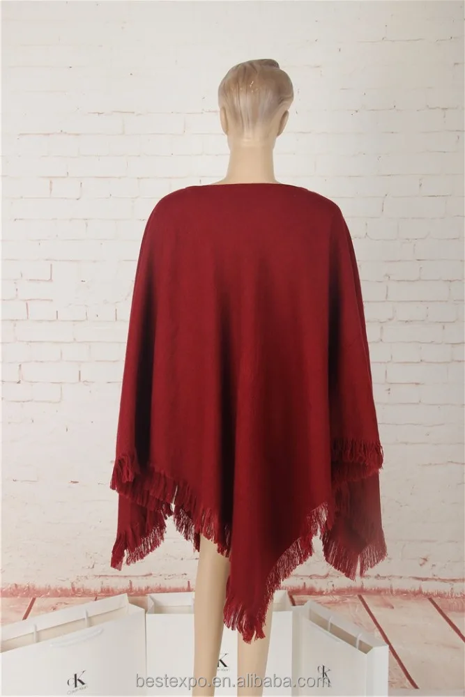 
woman pure color V-vest cashmere poncho new fashion cape coat with fringe 