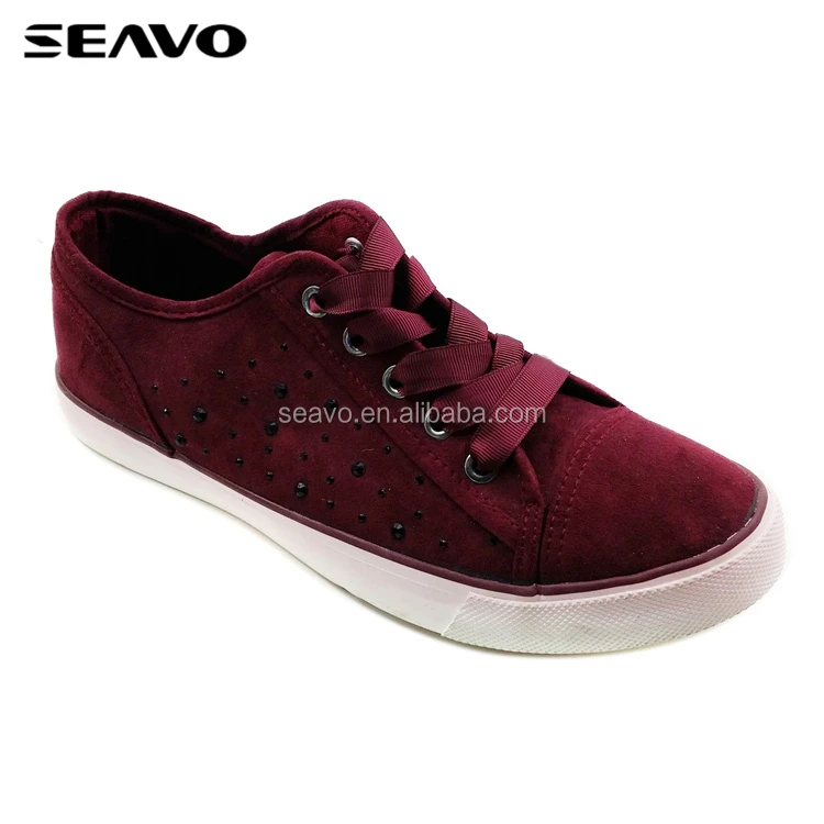 SEAVO cheap bulk pu suede rhinestones mens red thin vulcanized rubber sole canvas shoes