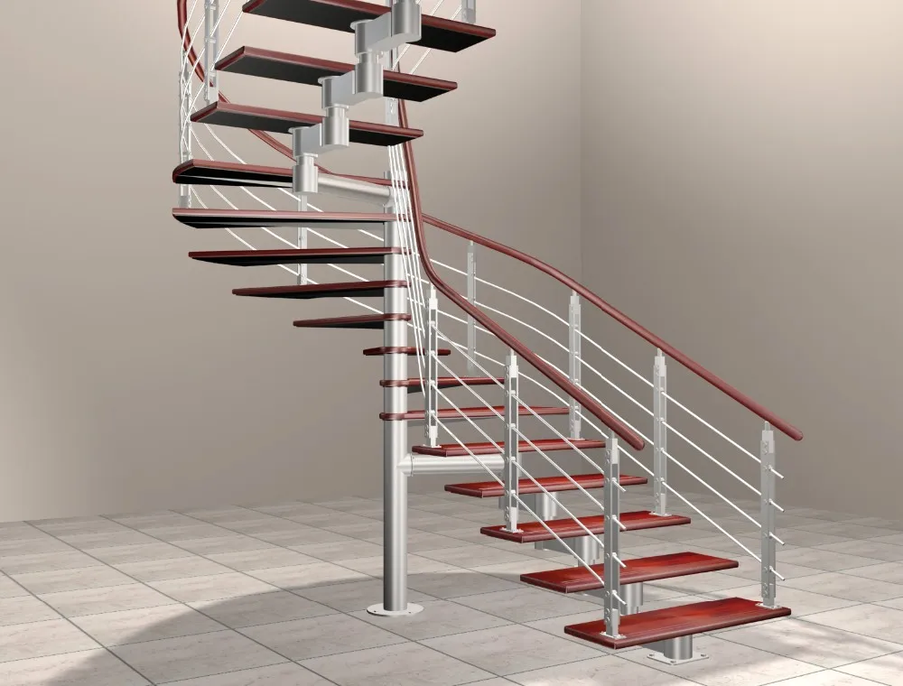Indoor customized carved wood treads curved staircase with stainless steel railing