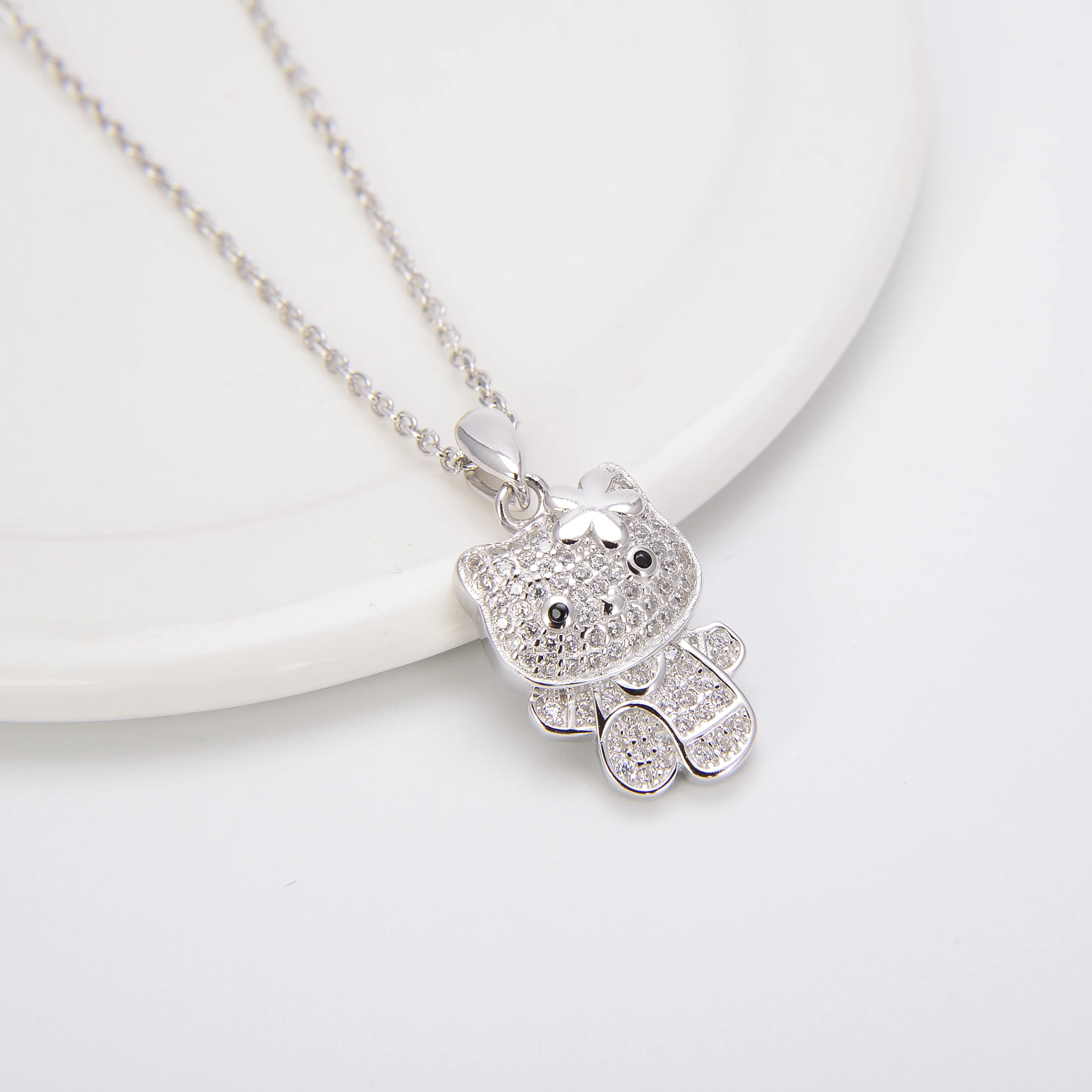 ZHILIAN Cubic Zircon Choker Animal Jewelry 925 Silver Cute Kitty Charm Collarbone Necklace