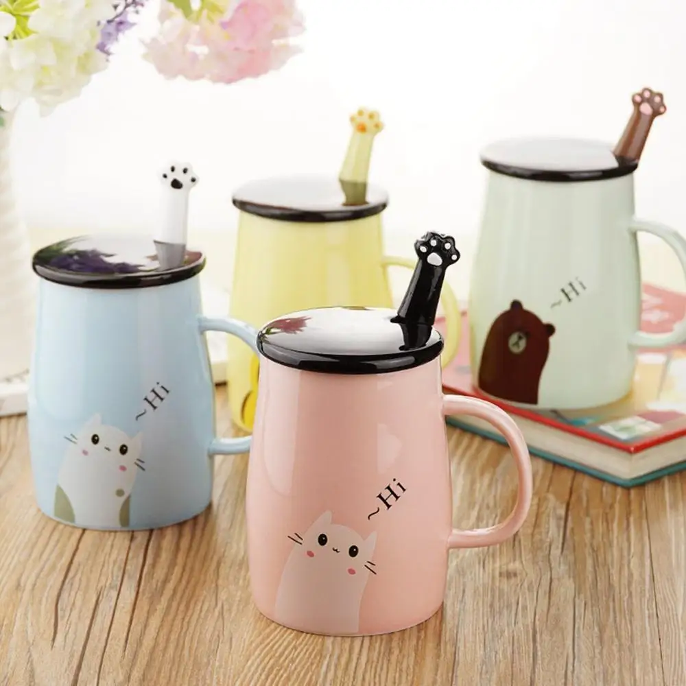 Pink Cute Cat Mug Funny Ceramic Coffee Mug with Stainless Steel Spoon