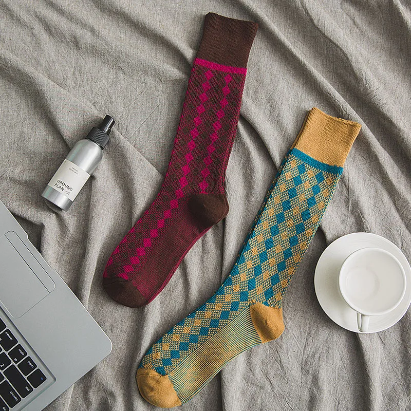 
Autumn Winter Diamond Lattice Girl Socks School Style Casual Tube Loose Socks 