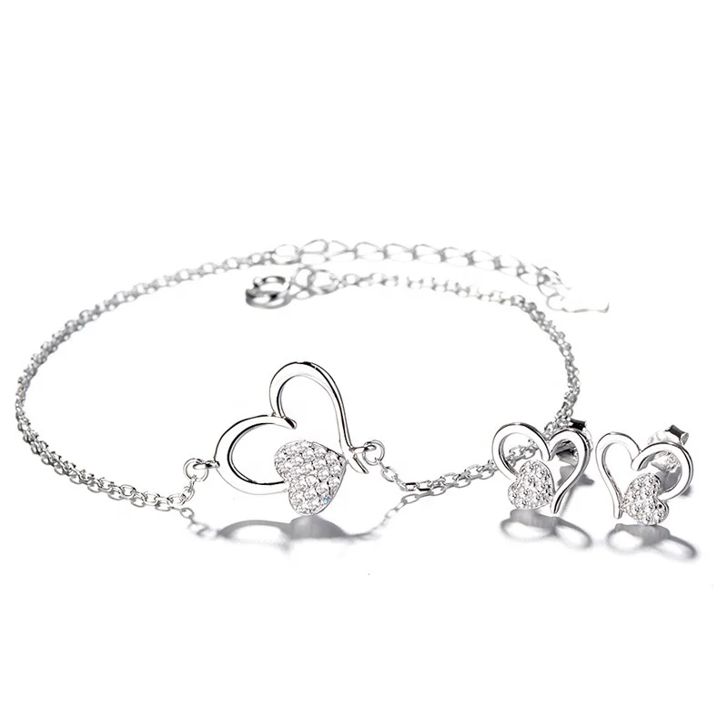 Latest Jewelry Heart 925 Sterling Silver Earrings Bracelet Jewelry Set