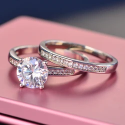 New Design 925 Sterling Sliver/Brass Couple Rings Sets with White CZ Jewelry for Women Gifts Size 6-9#