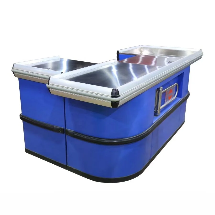 Custom Automatic Checkout Counter/ Supermarket Cashier Desk With Shopping Bag Hook