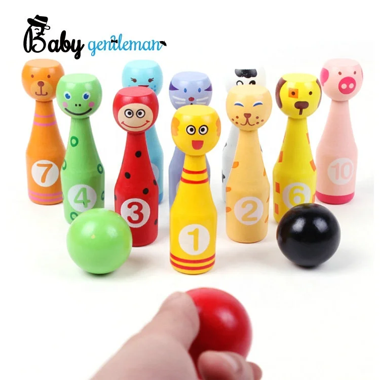 Hot selling kids indoor sports toy colorful cartoon animal wooden bowling set Z01316A
