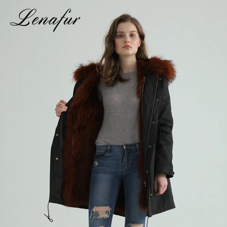 Новейший дизайн, Корейская женская парка на подкладке с капюшоном, пальто с капюшоном из меха енота
