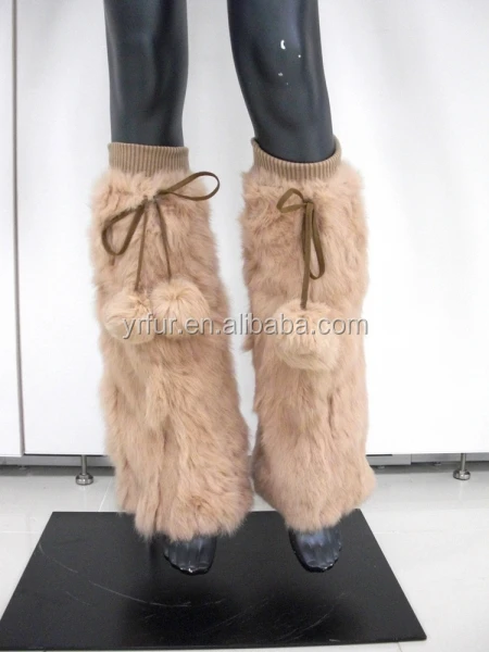 YR129 Fashion Wholesale Rabbit leg warmers Patchwork Fur Leg Warmer with fur balls for women