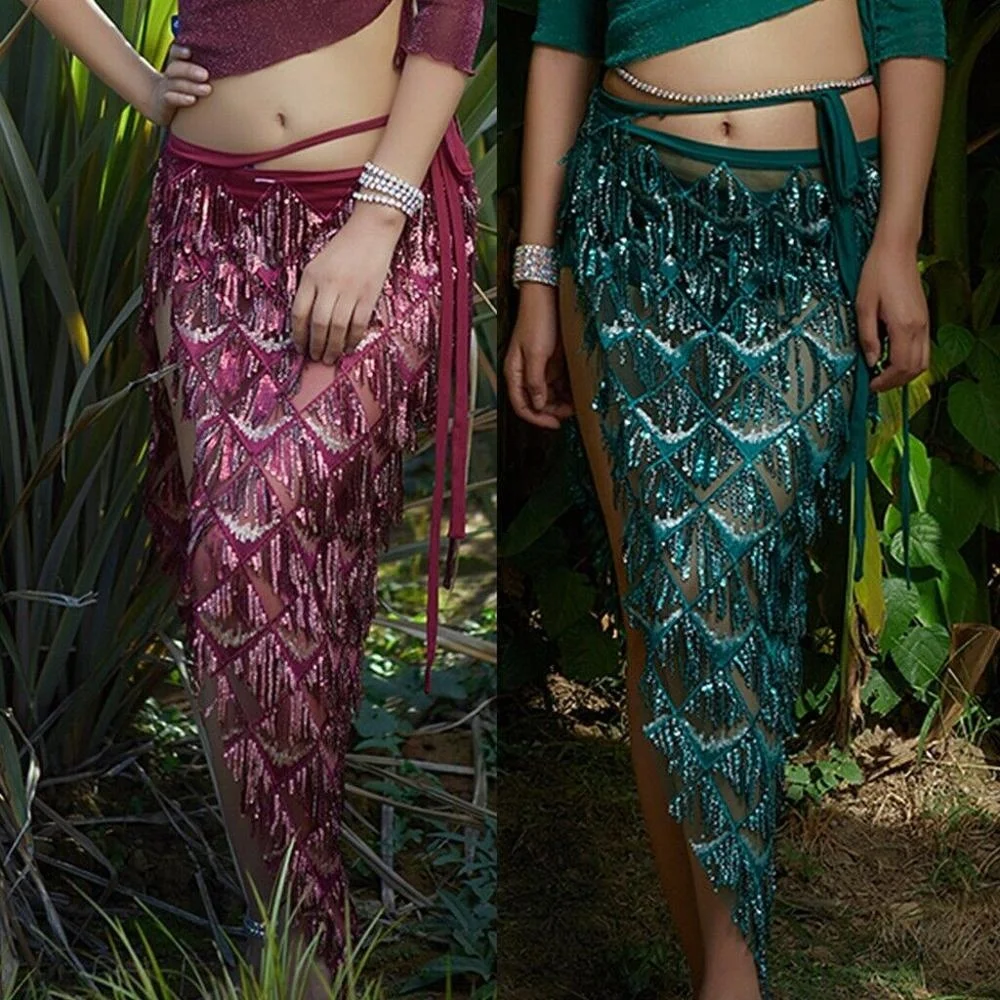 Bestdance Sequin Tassel Hip Scarf Skirt Belly Dance Costumes Triangle Fringe Shawl Skirts