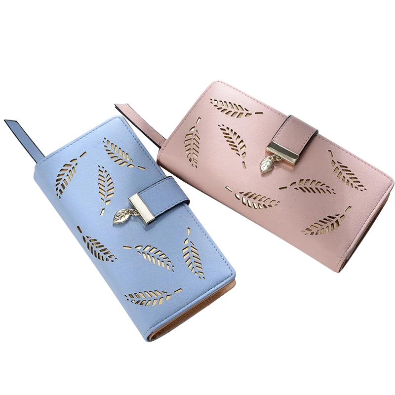Betterbag Long fashion Clutch bag Hollowing out Leaf Sequined decorative zipper Hasp leather women clutch wallet