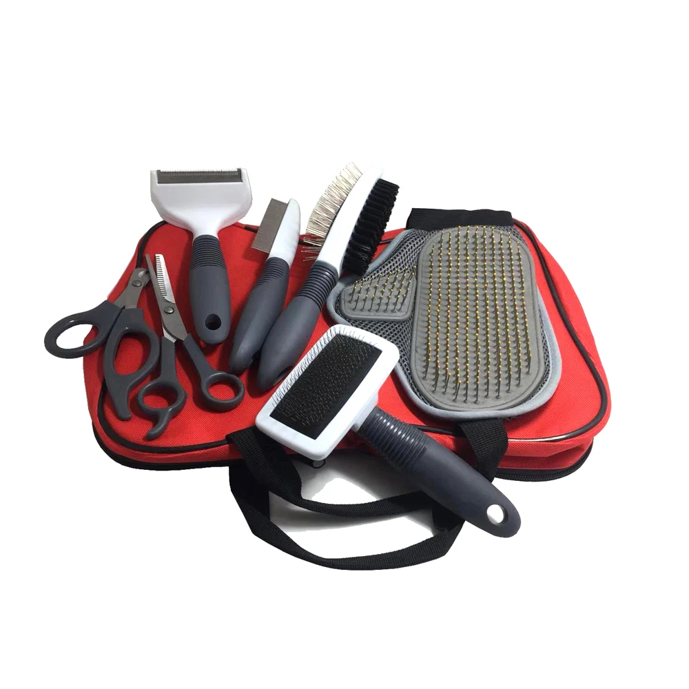 Home Pets Grooming Tools Set Bag-Flea Comb Double Brushes Pet Washing Glove- Undercoat Rake Nail Scissors Hair Trimmer