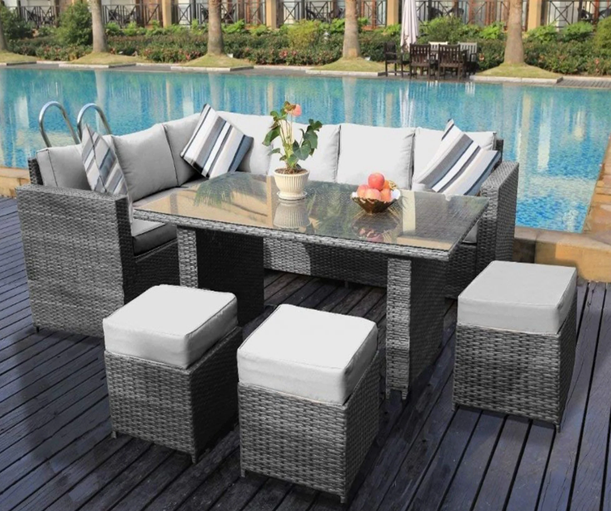 Rattan Outdoor Furniture Garden Set Corner Sofa with Rattan Dining Table