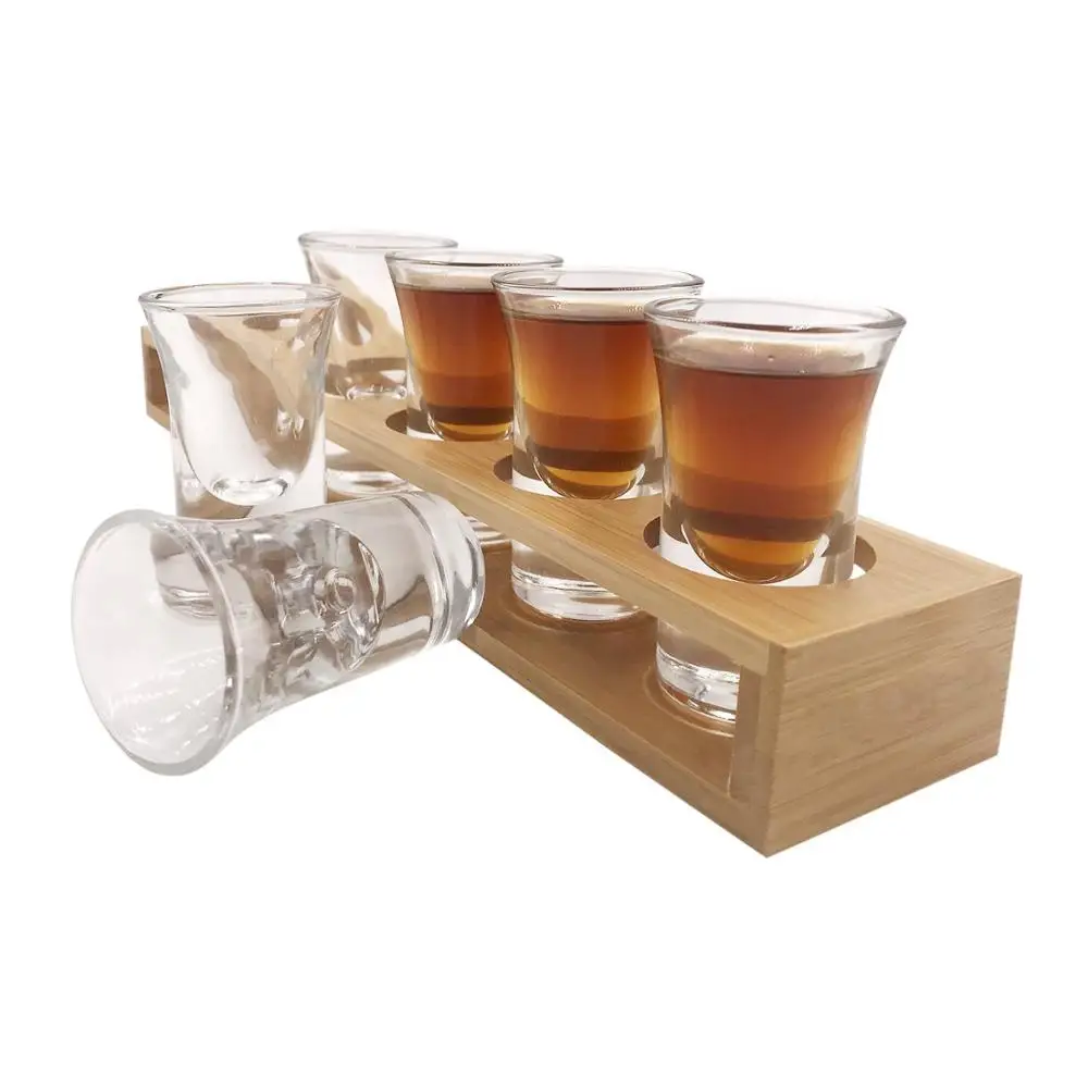 Bamboo Holder for Barware Shot Glass Set with Tray,include 6 Thick Base Crystal Clear Shot Glasses Display, Whisky Storage Racks