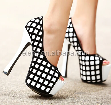Factory handmade office lady heels black and white high heels shoes