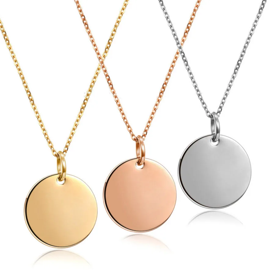 JDP079 High polish Blanks Tags 18mm Round Charm Pendants with chain 316L Stainless steel Necklace jewels