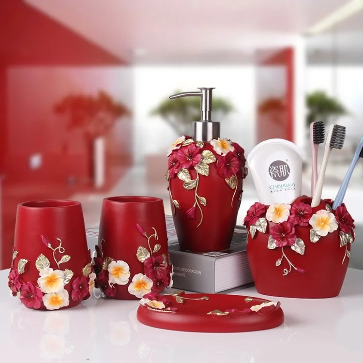 Red Flower Chinese Home Decorative Resin Bathroom Sets