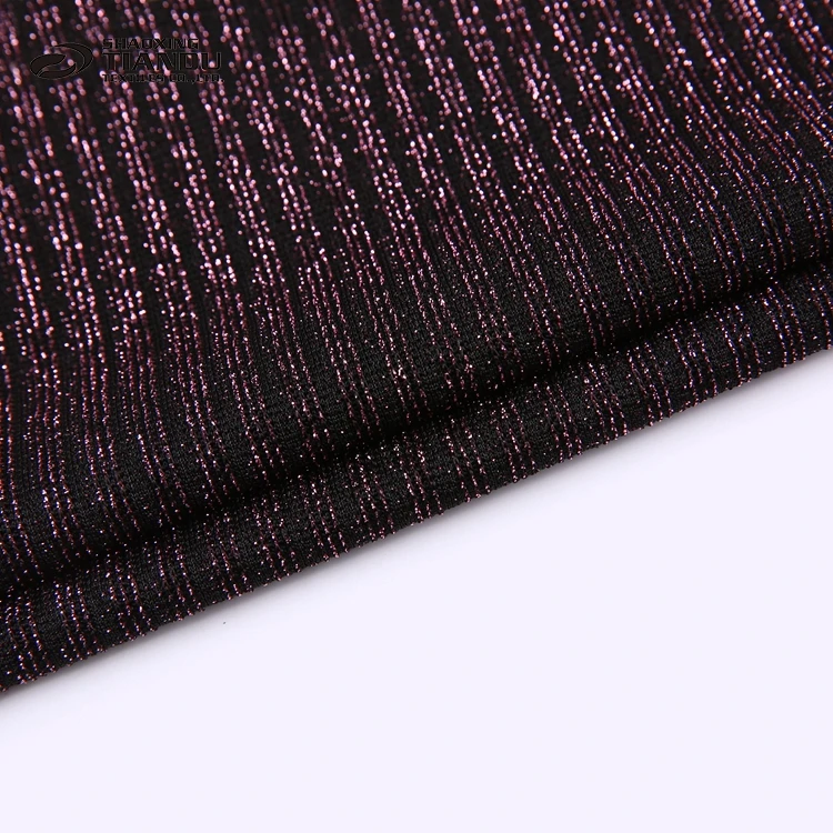 Professional purple plain dyed polyester silver shiny metallic lurex sweater knit fabric