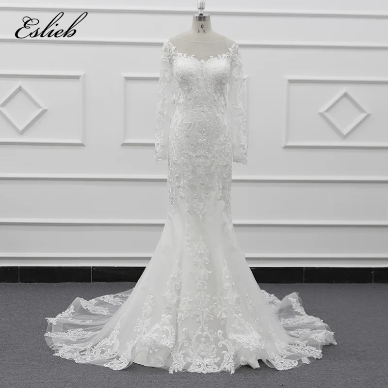 Eslieb 2019 SJ048 Charming Mermaid Long Sleeve Tulle Lace Appliques Vintage Wedding Dress With Scalloped Muslim Wedding Dress