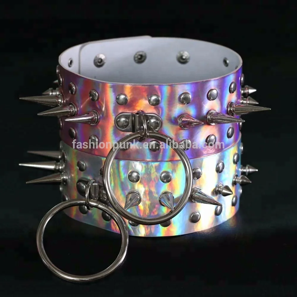 Punk Cool Oversized Laser Leather Rivet O Round Choker Sexy Bondage Necklace Neck Collar