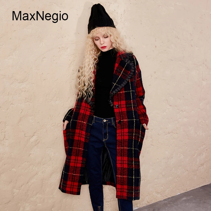 Maxnegio Long Woolen Coat Vintage Outdoor Jacket Lattice Women Fancy Overcoat