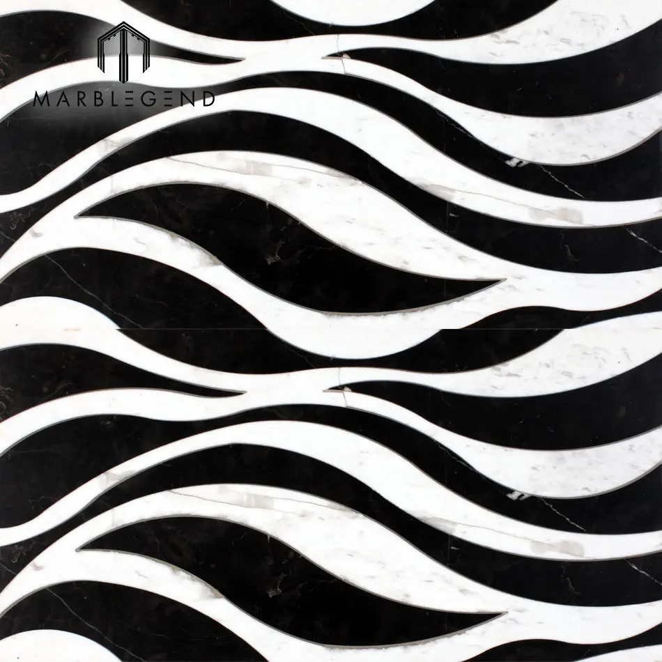 Black and white wave pattern Waterjet laminated Marble inlay Floor Medallion