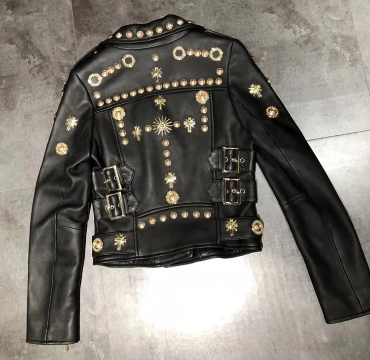 Fashion Cool Design Genuine Leather Coat Short Real Leather Punk Style Casual Studded Perfectly Motorcycle Women Leather Jacket