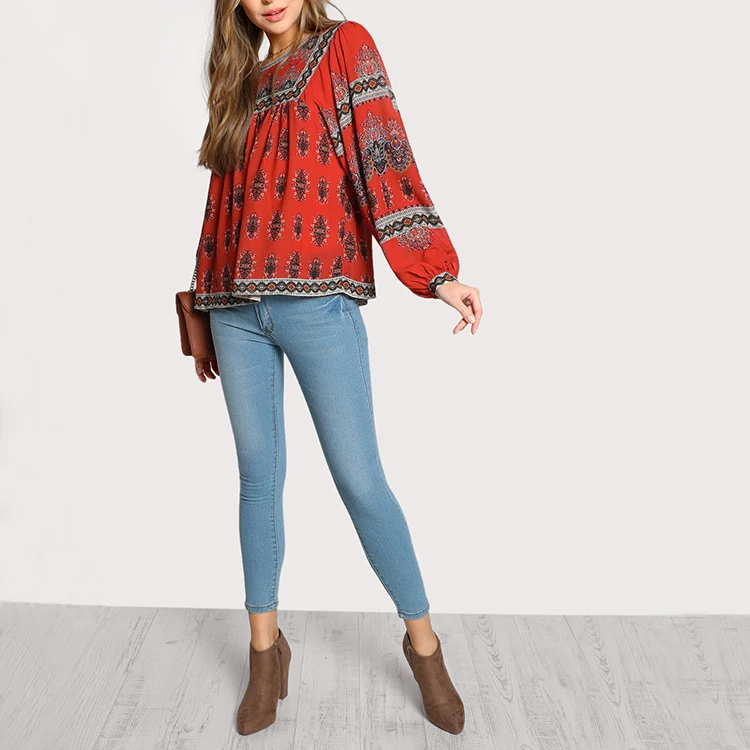 Multi Print Sheer Balloon Sleeve Fringe Strap Back Tie Peasant Blouse Women