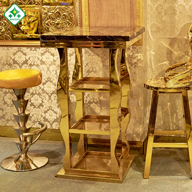 
luxury Stainless Steel Square Marble Bar Table With Metal Base night club furniture 