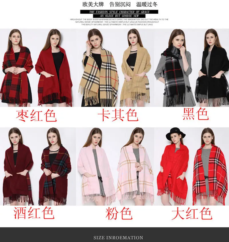 
Reversible Long Scarf Cashmere Feel Stole with Pocket Europe and America oversized thick pocket fringed cashmere plaid scarves 