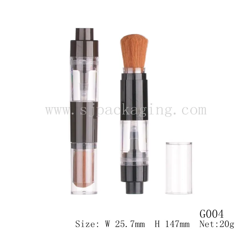 Empty refillable 2 in 1 bronzer loose powder dispenser tube container with built in brush cosmetic tool