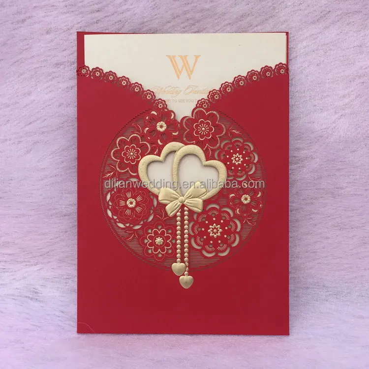 
Laser cut double heart design chinese wedding invitation card 