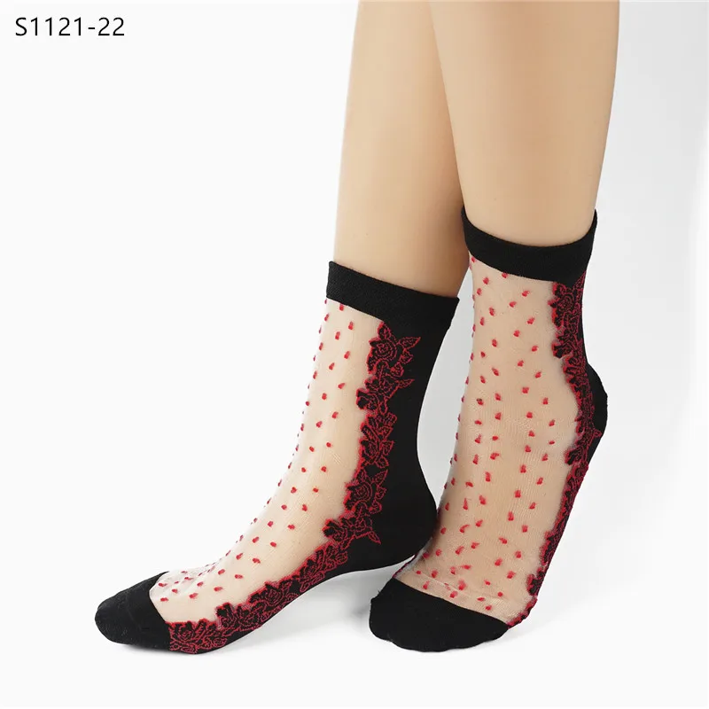 china suppliers colorful ultra-thin transparent beautiful crystal lace elastic short women socks