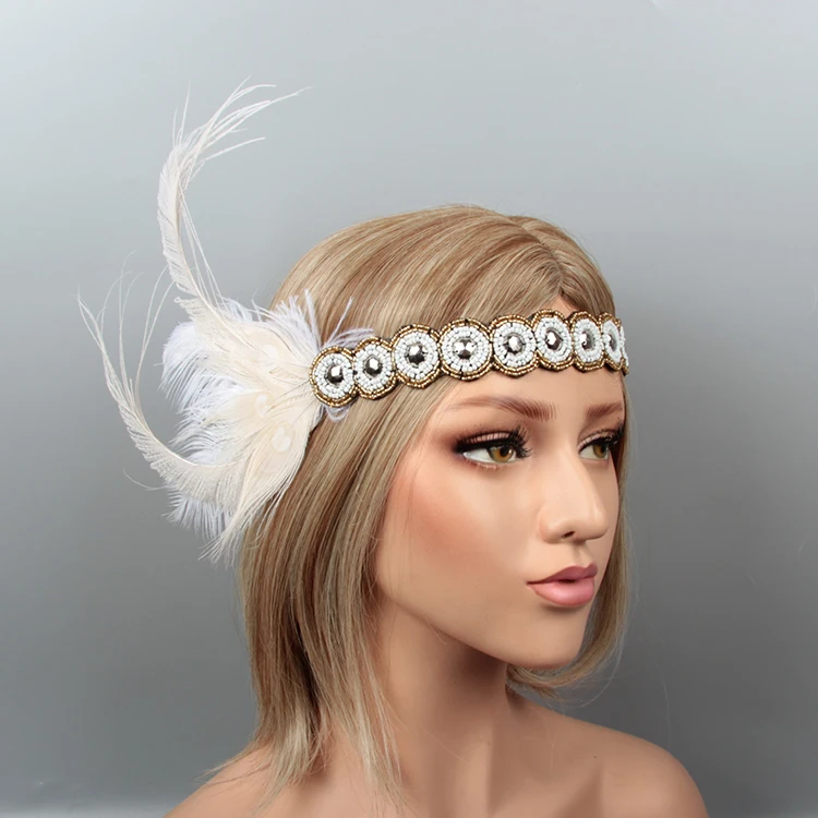White crystal rhinestones feather headpiece 1920s great gatsby bridal headdress in China