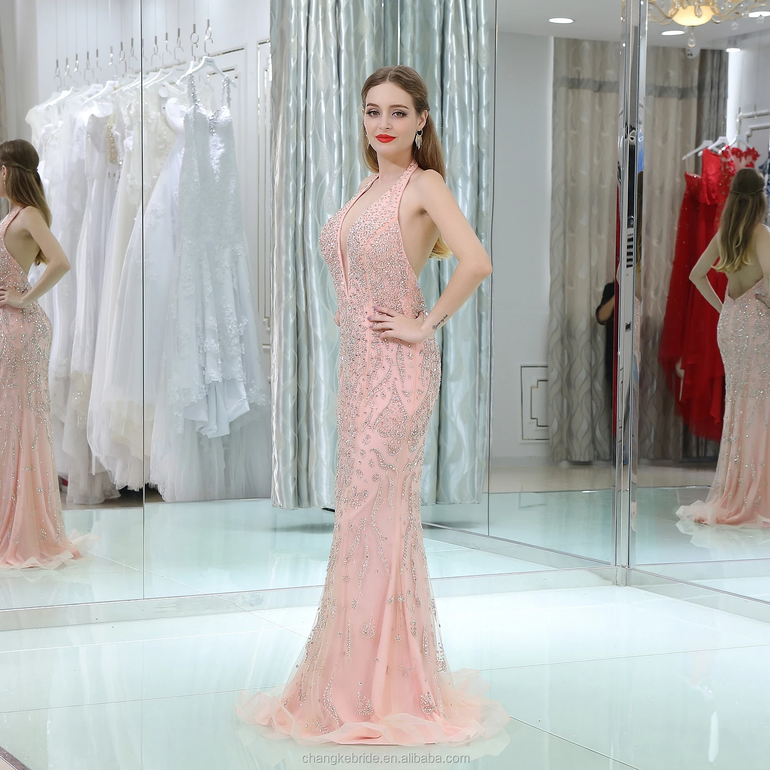 
High Quality Long Mermaid Party Dress Evening Dress Halter Deep V-neckline With Heavy Beaded Luxury Gown For Sexy Girl 